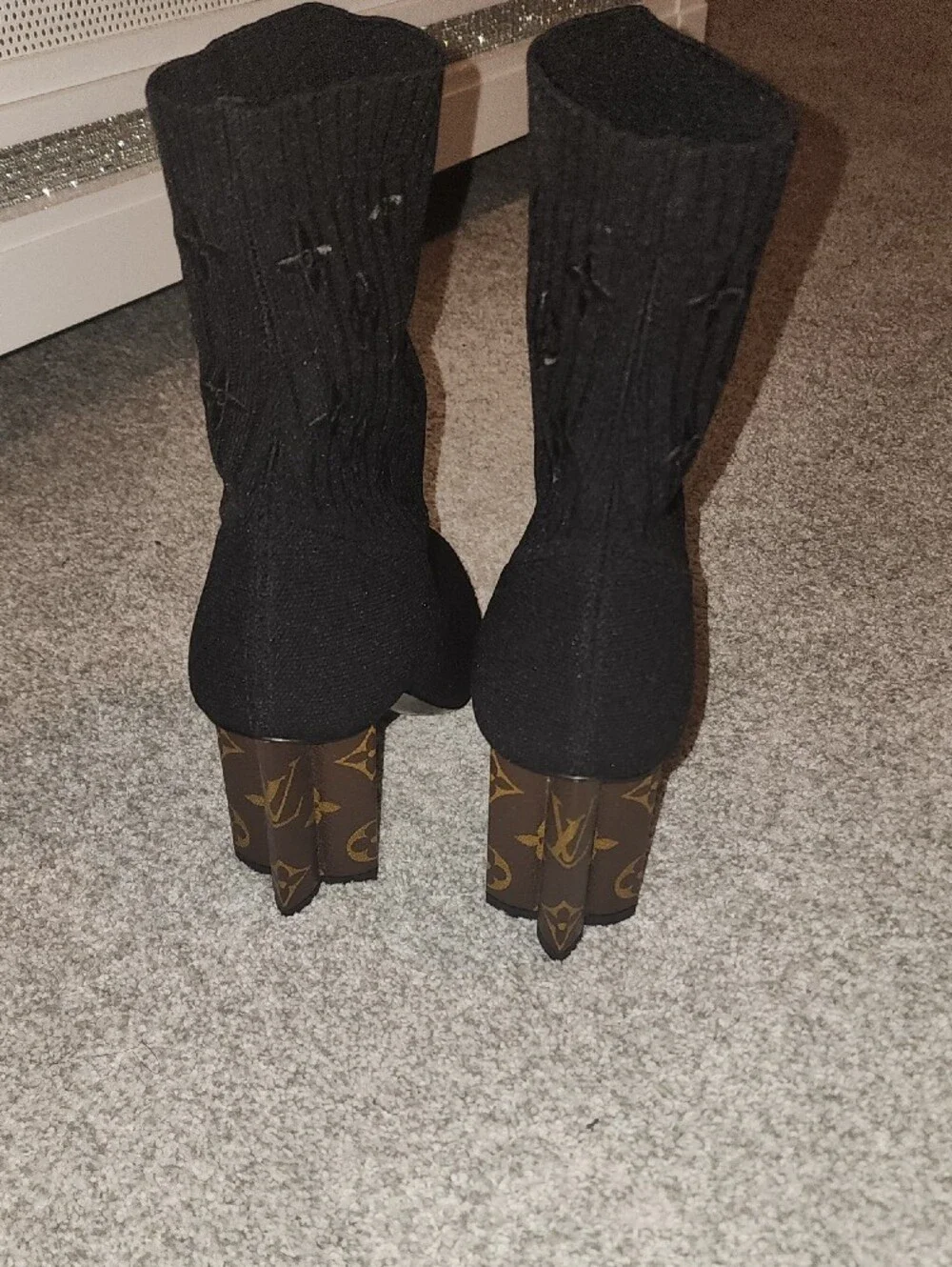 Louis Vuitton Black Knit Monogram Ankle Booties with Monogram Block Heels